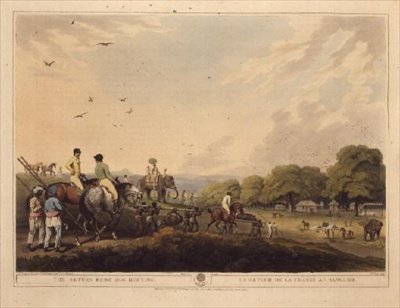 The Return From Hog-Hunting（ホッグハンティングからの帰還）」（Edward Orme著「Oriental Field Sports」より）。 作： サミュエル・ハウエット