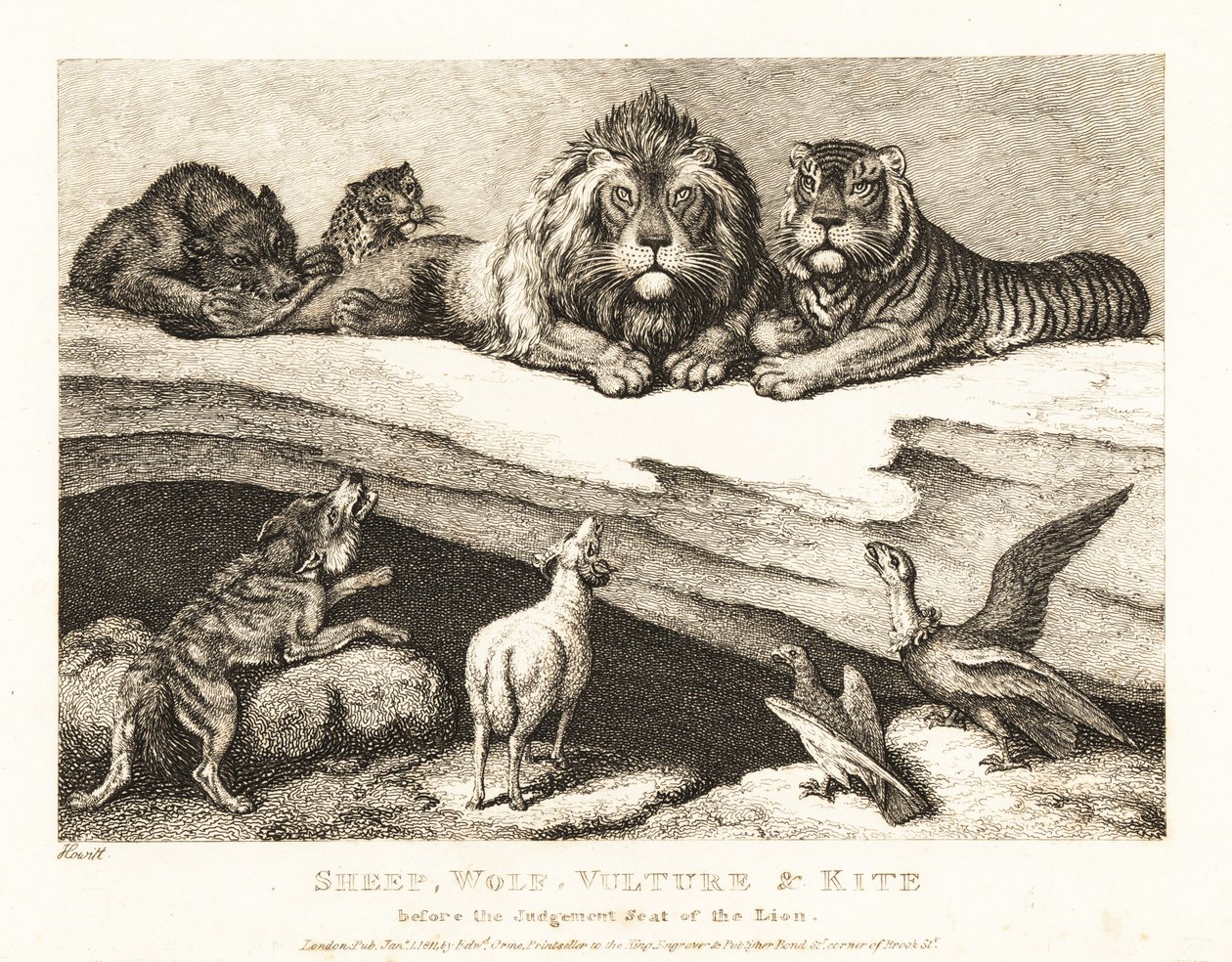 ライオンとトラを裁判官とする、動物同士の裁判。 1811年（エッチング） 作： サミュエル・ハウィット