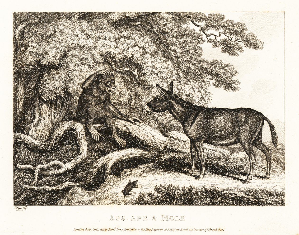 サルとロバがモグラに黙らせるまでうめく。 1811年（エッチング） 作： サミュエル・ハウィット