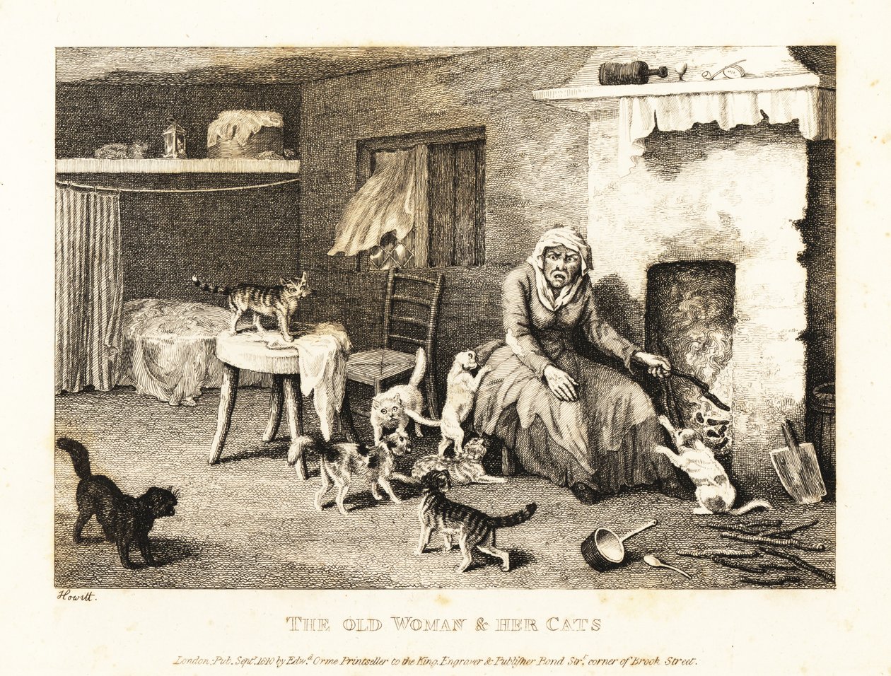 猫に囲まれたあばら屋の囲炉裏に座っているおばあさん。 1811年（エッチング） 作： サミュエル・ハウィット