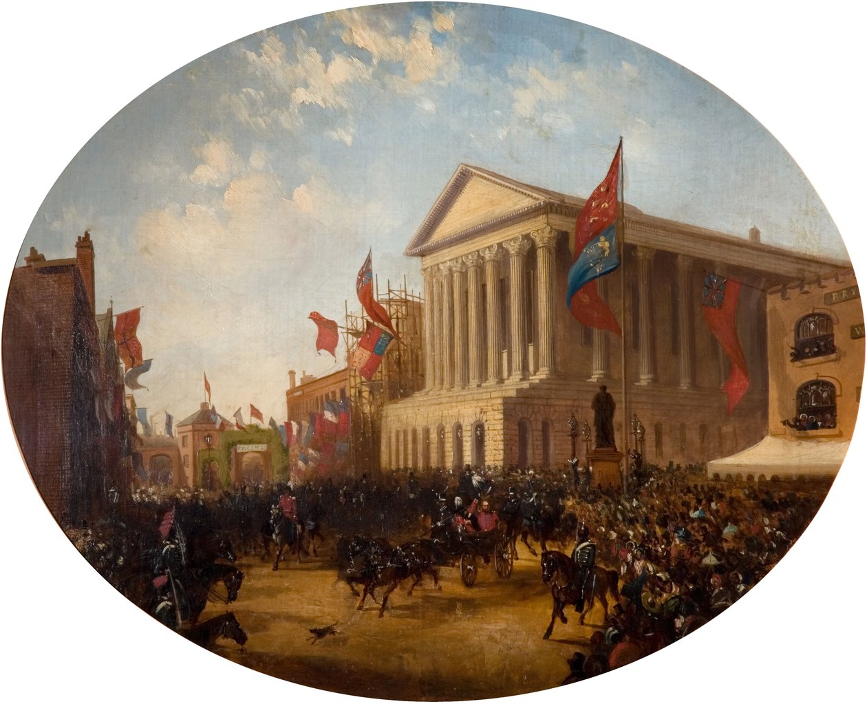 1857年、バーミンガムの市庁舎を離れるケンブリッジ公。 作： サミュエルラインズ