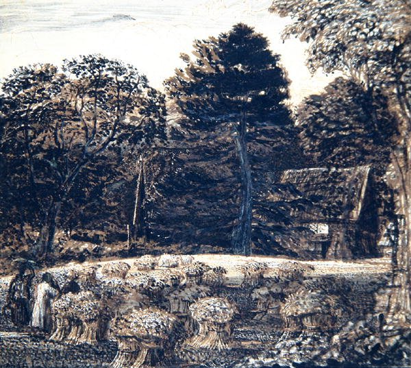 ショアハムのトウモロコシ畑、黄昏時、1830年頃（カードにペン、水彩、墨） 作： サミュエルパーマー