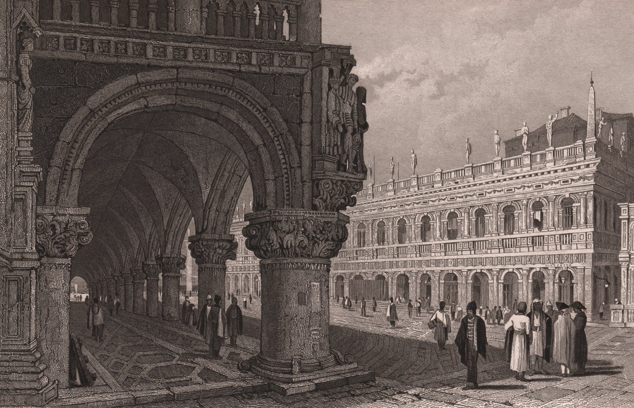 Escorço da arcada do Palácio Ducal (Palazzo Ducale) com vista para a Praça de São Marcos e Palácio da Biblioteca, Veneza, Veneto, Itália, gravura em aço segundo desenho de Samuel Prout (1783-1852), cerca de 15x11,5 cm 作： サミュエル・プラウト