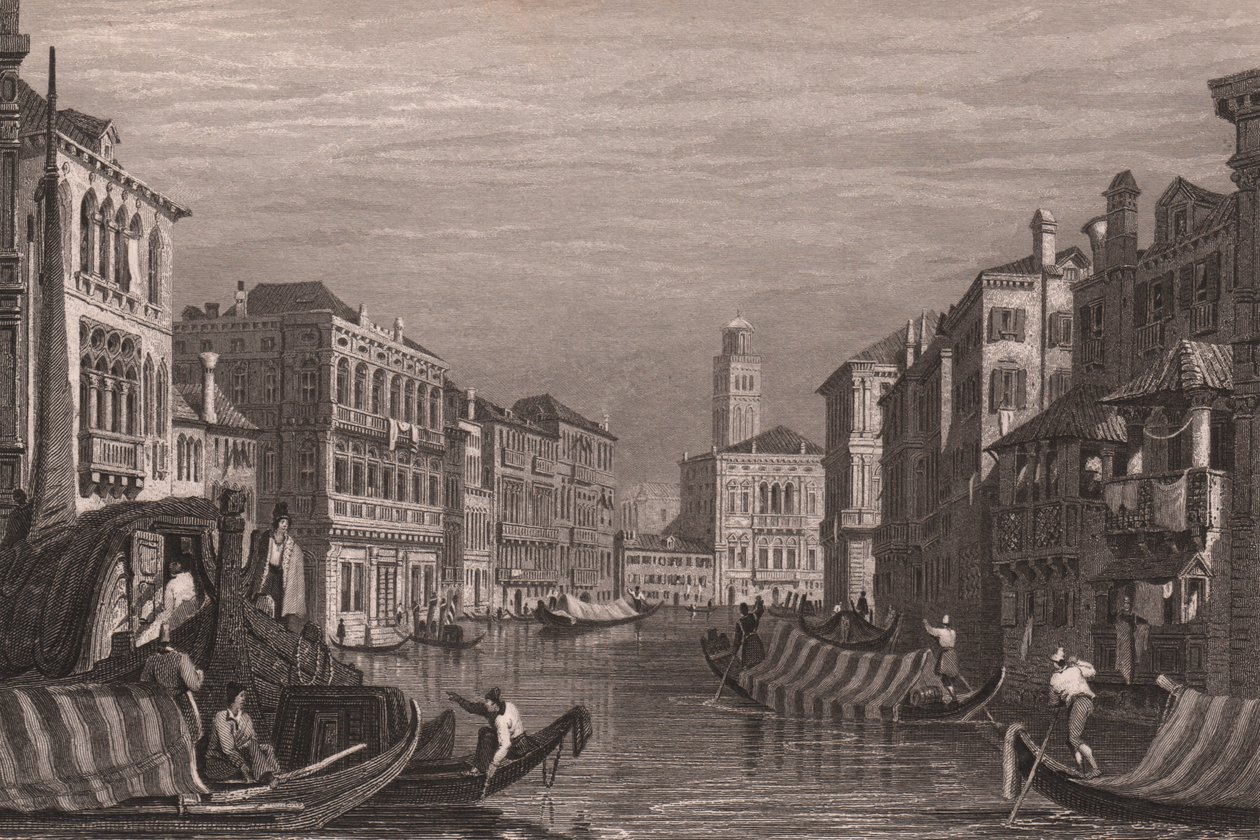 大運河 (Canal Grande) のゴンドラ、ベネチア、ベネト州、イタリア、Samuel Prout (1783-1852) による描画後の鋼の彫刻、15x11.5 cm 年頃 作： サミュエル・プラウト