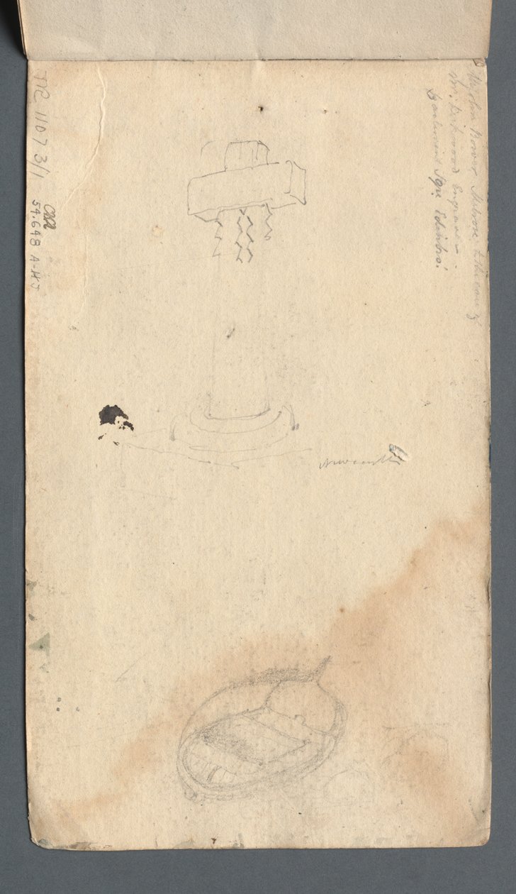 スケッチブック：1814年、裏表紙のクロスと手漕ぎボートの研究。 作： サミュエル・プラウト