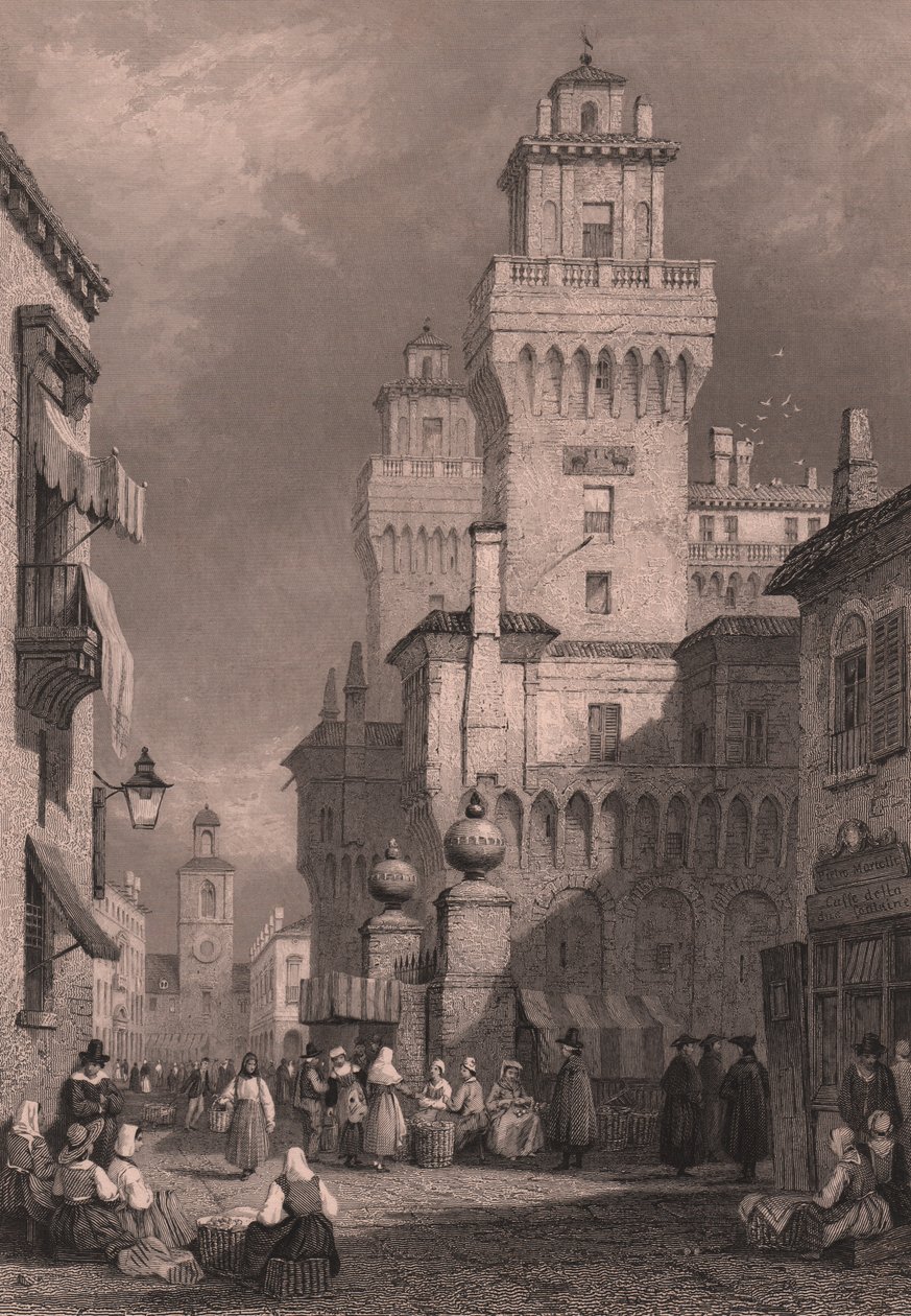 イタリア、エミリア＝ロマーニャ州、フェラーラ、エステンテ城の眺め、サミュエル・プラウト（1783-1852）のデッサンに基づくジョン・ゴッドフリー（1817-1889）のスチール・エングレーヴィング、約26x17cm、ブラッキー・アンド・サン社発行 作： サミュエル・プラウト