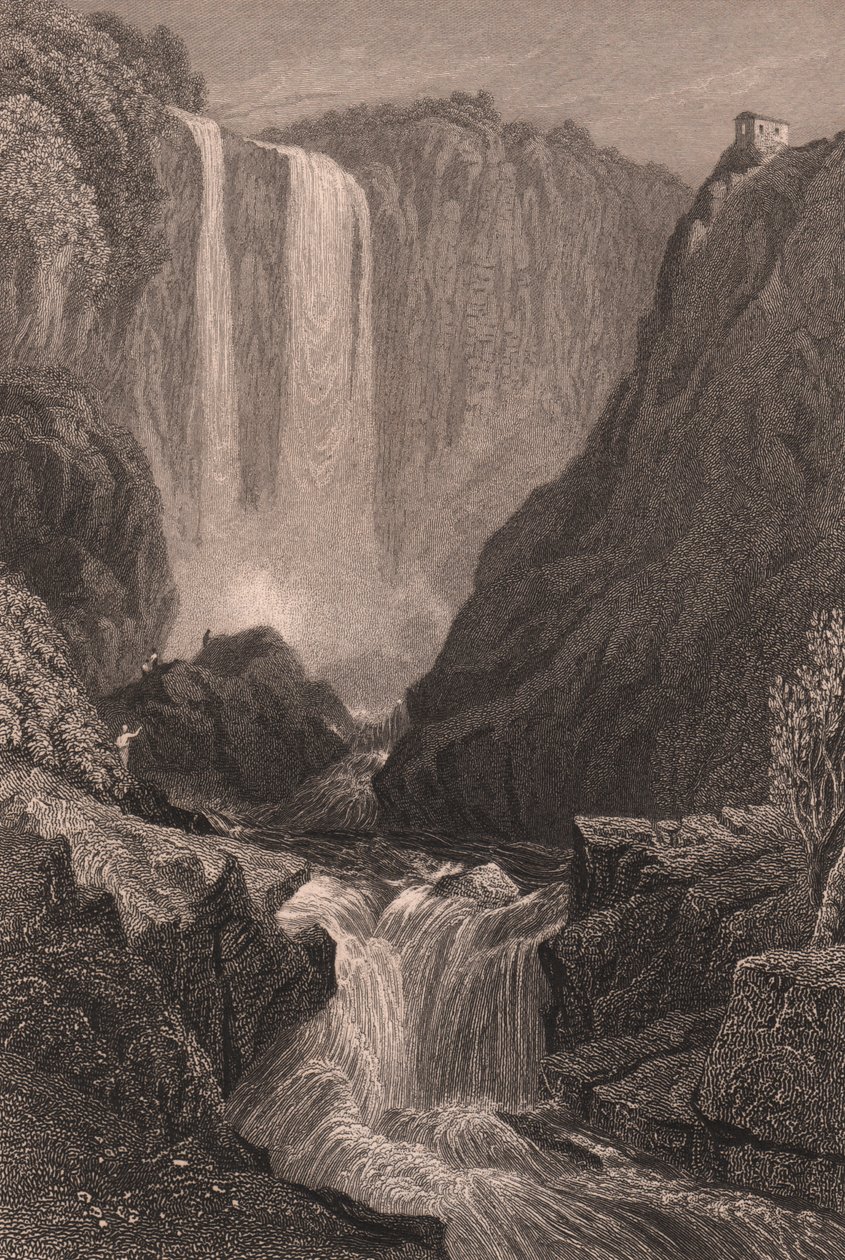 イタリア、ウンブリア州、テルニ近郊のマルモアの滝（Cascata delle Marmore）の眺め、サミュエル・プラウト（1783-1852）のデッサンに基づくスチール・エングレーヴィング、約15x11.5cm。 作： サミュエル・プラウト