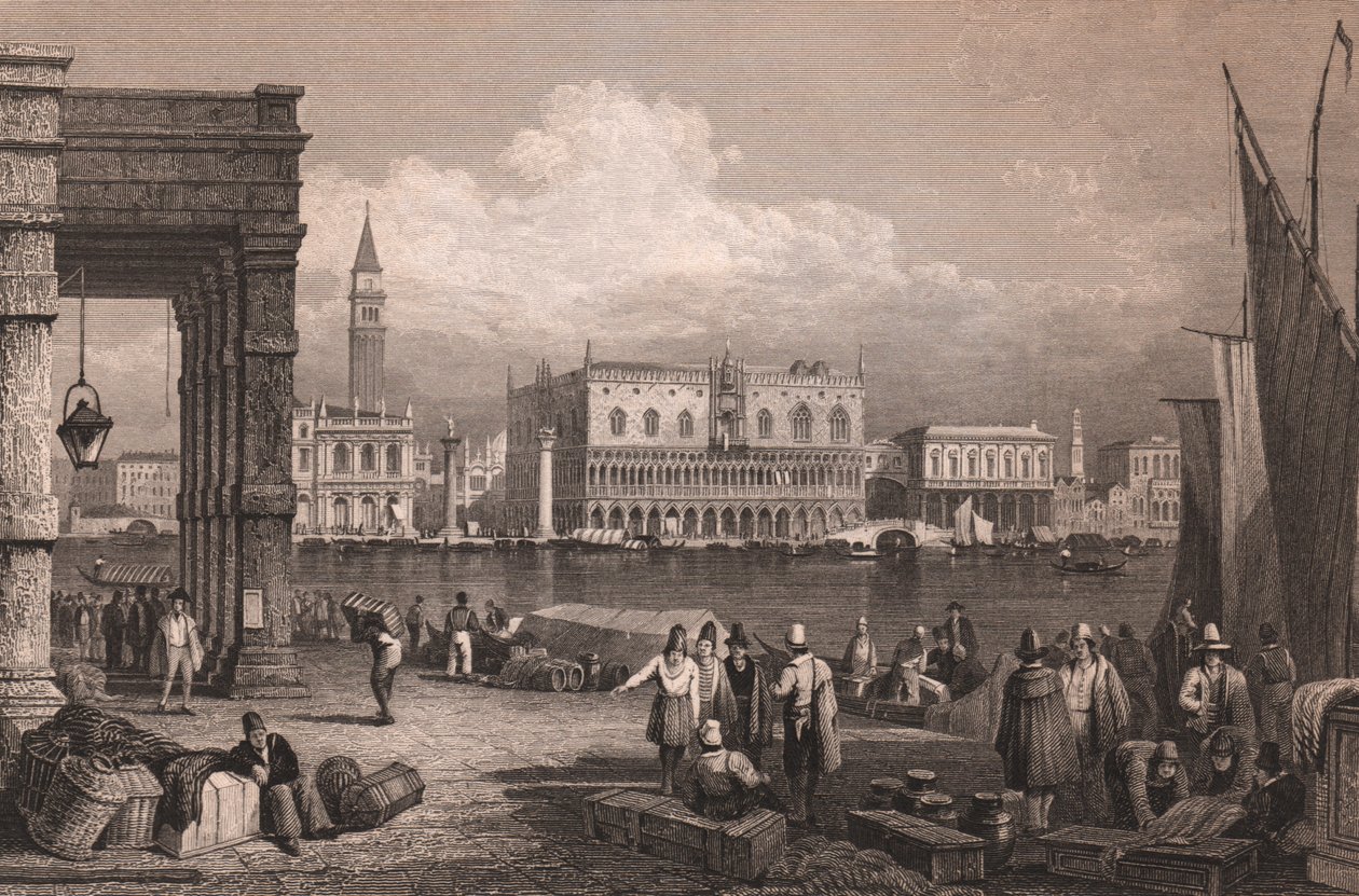 イタリア、ベネト州ベネチアのサンマルコ盆地の眺め、サミュエル・プラウト (1783-1852) による描画後のスチール彫刻、15x11.5 cm 頃 作： サミュエル・プラウト