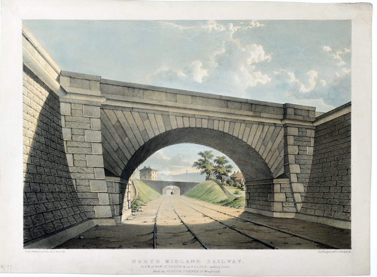 ノース・ミッドランド鉄道。ベルパーのニュー・ストリート橋などを南から見る 1840年頃 （紙に手彩色リトグラフ） 作： サミュエル・ラッセル