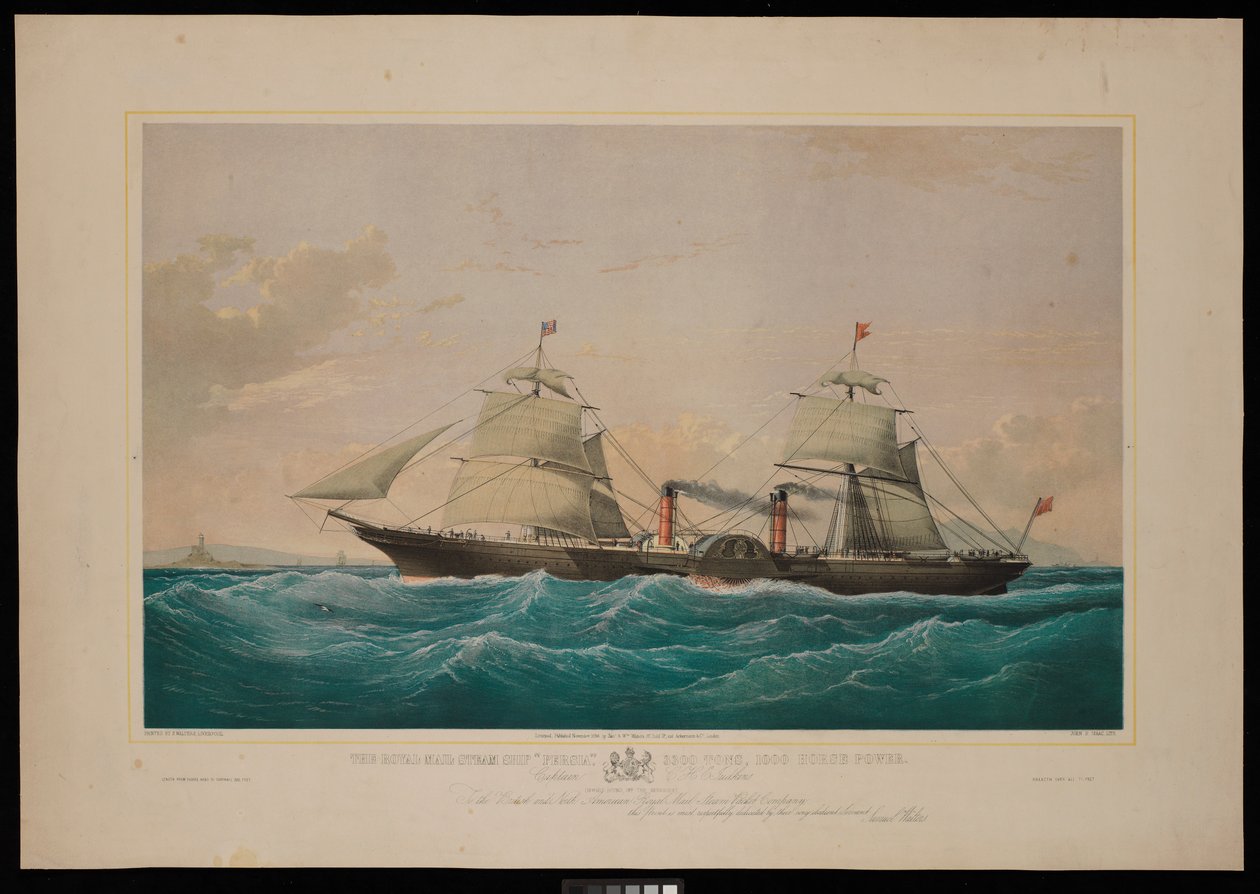 ロイヤルメール蒸気船ペルシャ号...C・H・E・ジョドキンス船長 (Inward Bound, off the Skerries) 英国および北米のロイヤル・メール蒸気船会社に、この版画を謹んで捧げる (リトグラフ、彩色) 作： サミュエル・ウォルターズ
