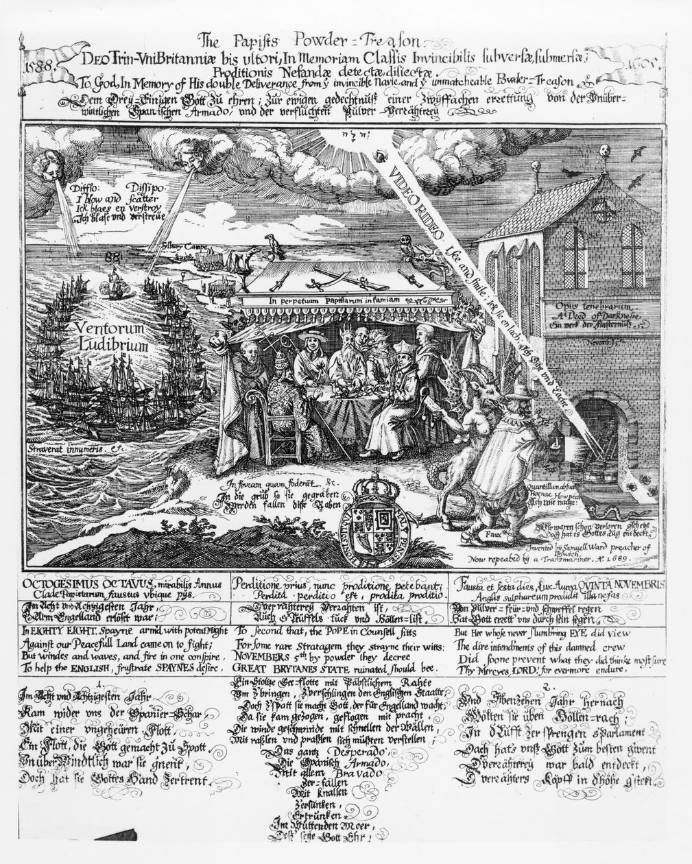 神へ、無敵海軍（1588）と比類のないパウダートレイソン（1605）からの彼の二重の解放を記念して（彫刻）repr。トランスマリーナー、1689（bundw写真） 作： サミュエル区