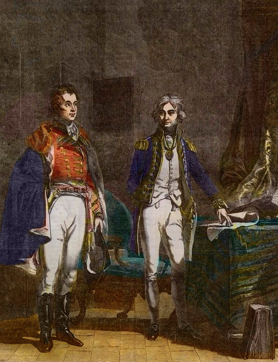 アーサー・ウェルズリー少将（ウェリントン公）とホレイショ・ネルソン副大将の会談（1805年9月）ジョン・プレスコット・ナイト（1803-1881）の後にサミュエル・ウィリアム・レイノルズ（1794-1872）が彫ったもの。 作： サミュエルウィリアムIレイノルズ