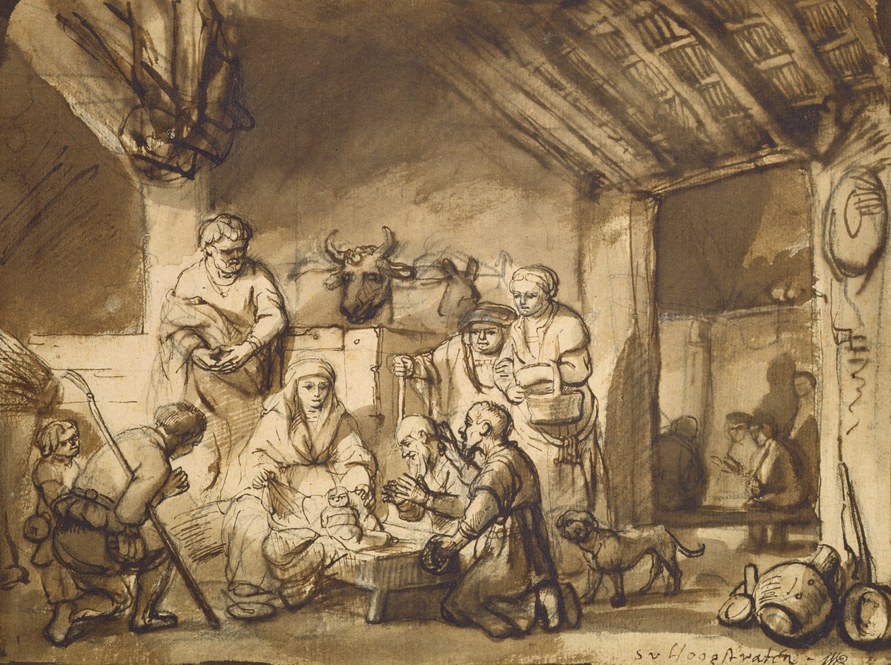 羊飼いたちの崇拝、1646年頃（紙にペンとブラシと鉛筆） 作： サミュエル・ファン・ホーグストラテン