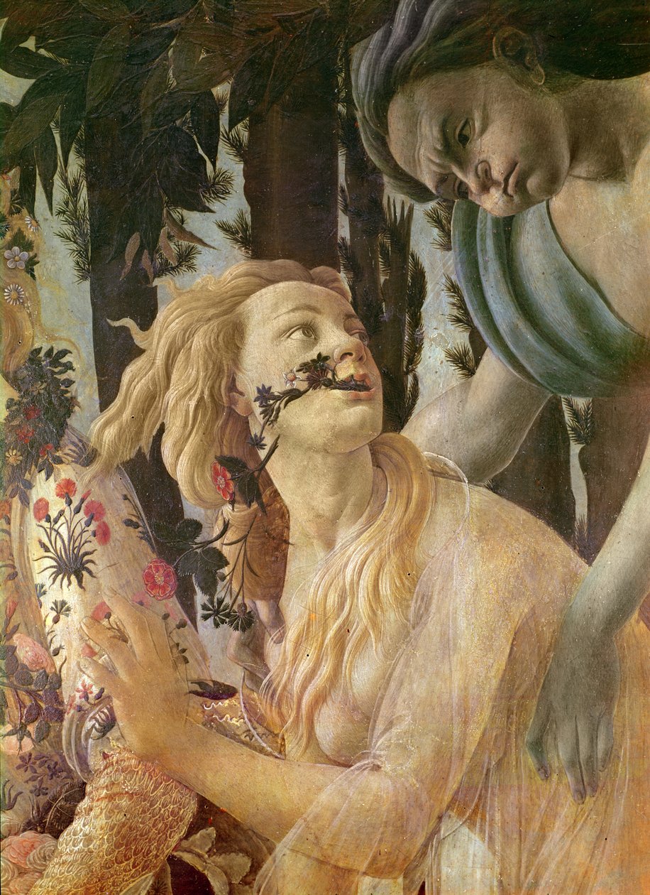 春の寓意、ゼファーとフローラの頭の詳細、1478年頃の木のテンペラ 作： Sandro Botticelli