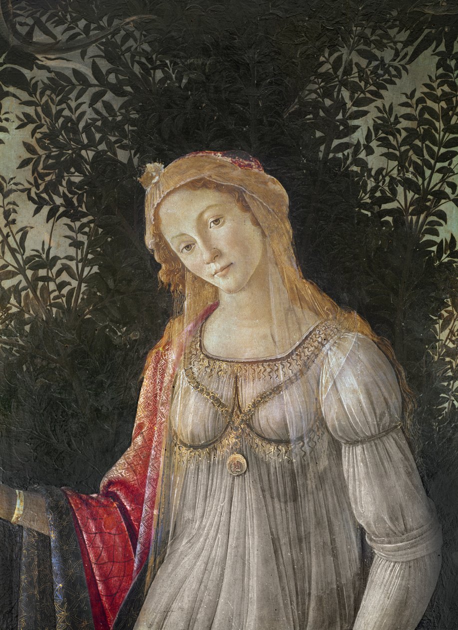 春の寓話、金星の詳細、c.1478（木のテンペラ） 作： Sandro Botticelli