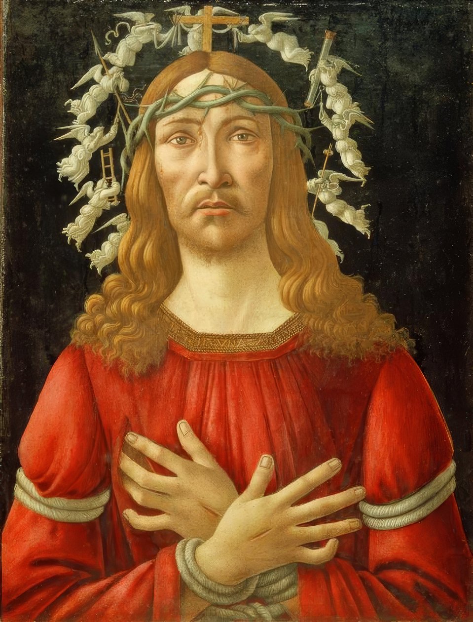 天使のようなニンバスを持つ痛みの男としてのキリスト 作： Sandro Botticelli