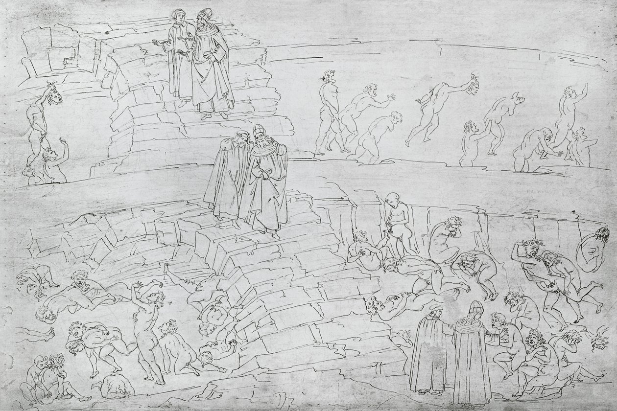 ダンテアリギエリ（1265-1321）c.1480の「神の喜劇」のダンテとバージル（紀元前70〜19年） 作： Sandro Botticelli