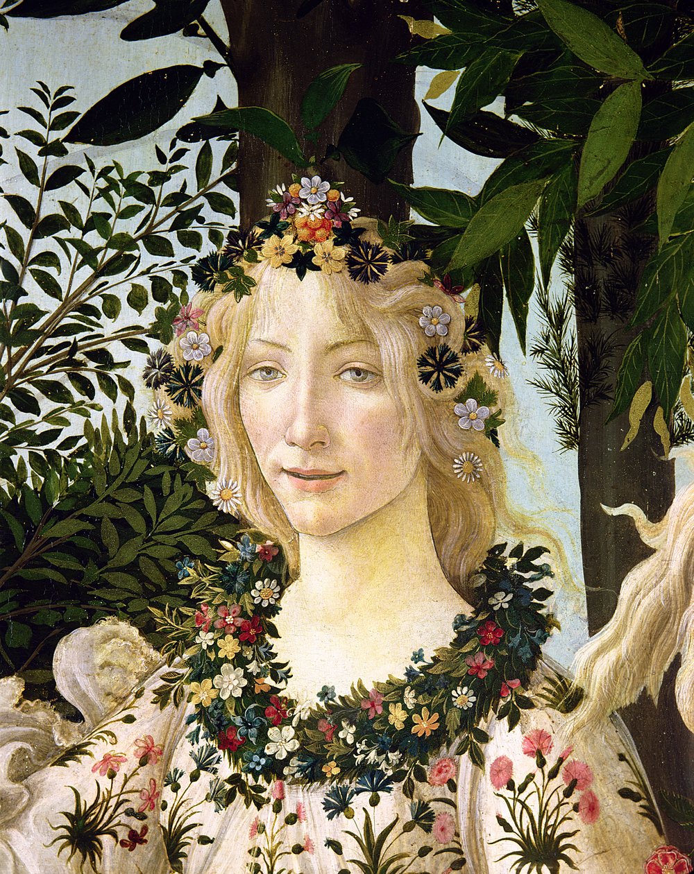フローラ、プリマベーラの詳細、c.1478（パネル上のテンペラ） 作： Sandro Botticelli