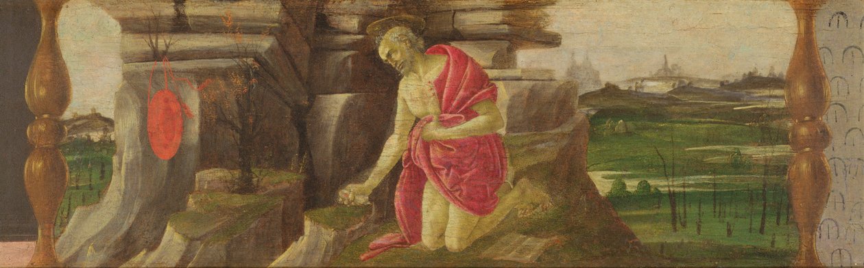 St Jerome in Penitence、聖マルコの祭壇画からのプレデラパネル、c.1488-90（パネル上のテンペラ）（44333、44348、44331、138693を参照） 作： Sandro Botticelli