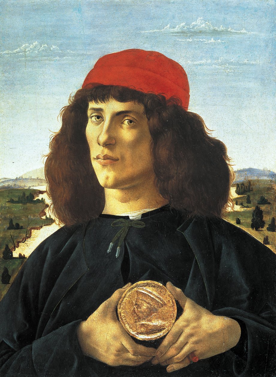 Portrait of man with the medal of Cosme Medicis the Elder (ca. 1475), Painting by Alessandro di Mariano dei Filipepi dit Sandro Botticelli (1445-1510). Florence, Uffizi Museum.   1420142   ja       japanese Successfully Translated  Original: Plan of the Sp 作： Sandro Botticelli