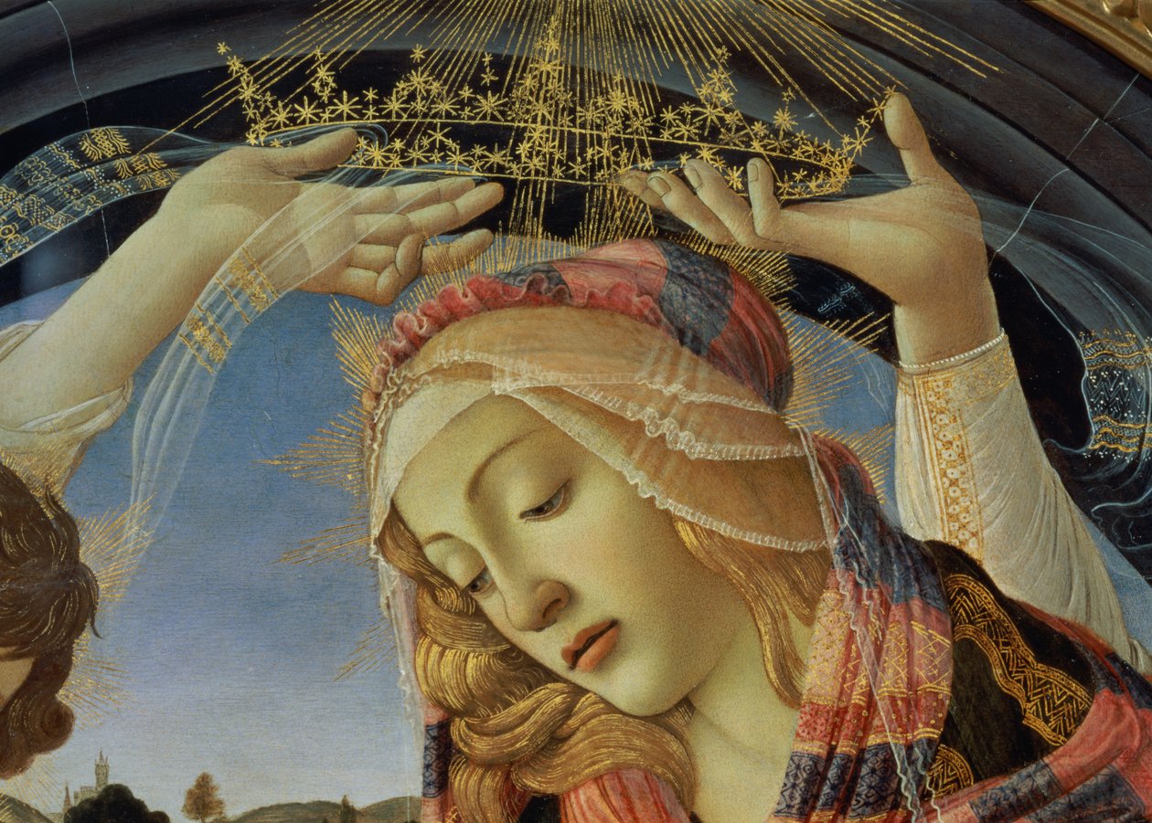 マグニフィカトの聖母」、聖母の顔と冠のディテール 作： Sandro Botticelli