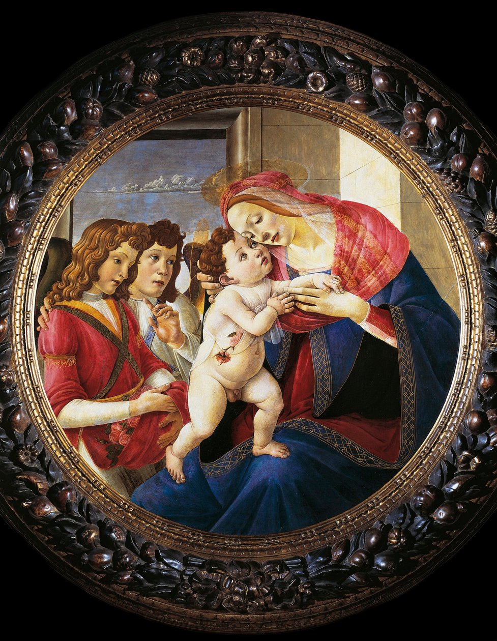 聖母子と二人の天使（木にテンペラ、1490年頃 作： Sandro Botticelli