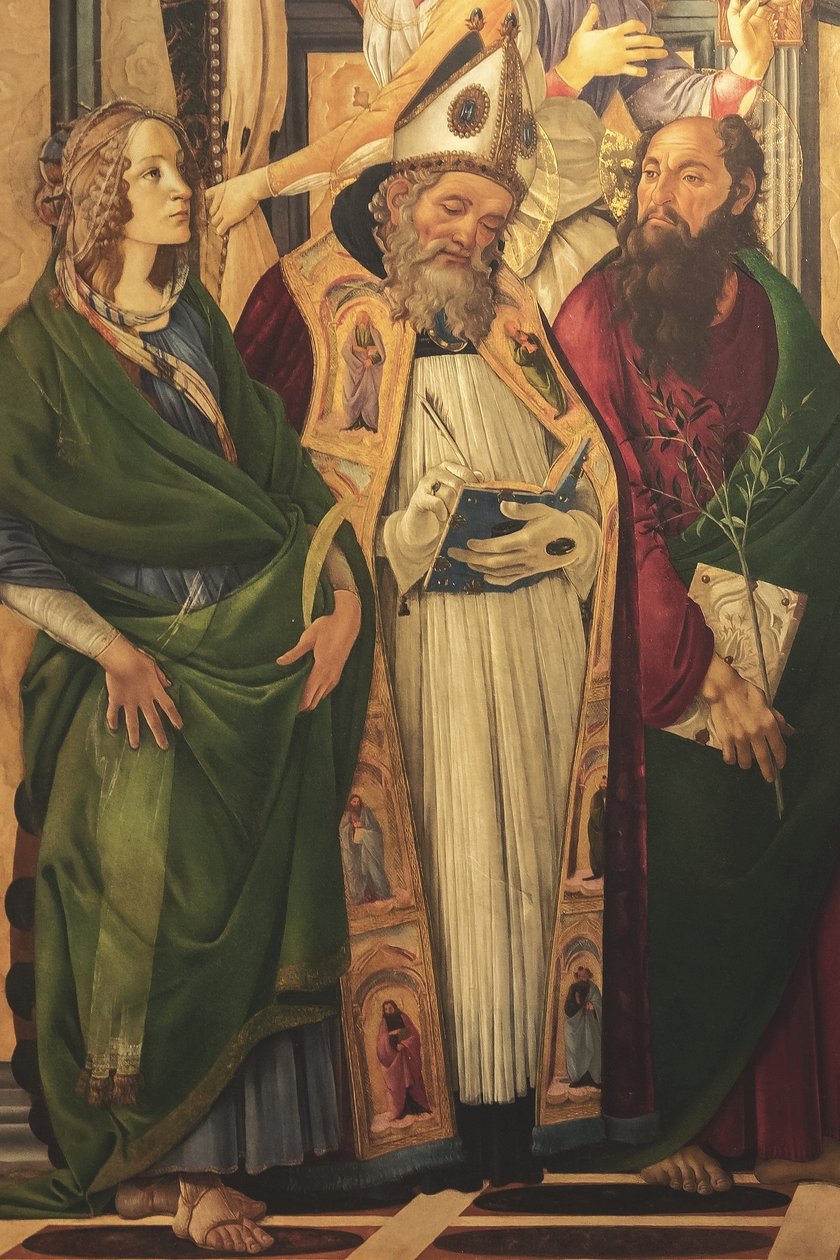 祭壇画、主パネル：聖母、4人の天使と聖人 作： Sandro Botticelli