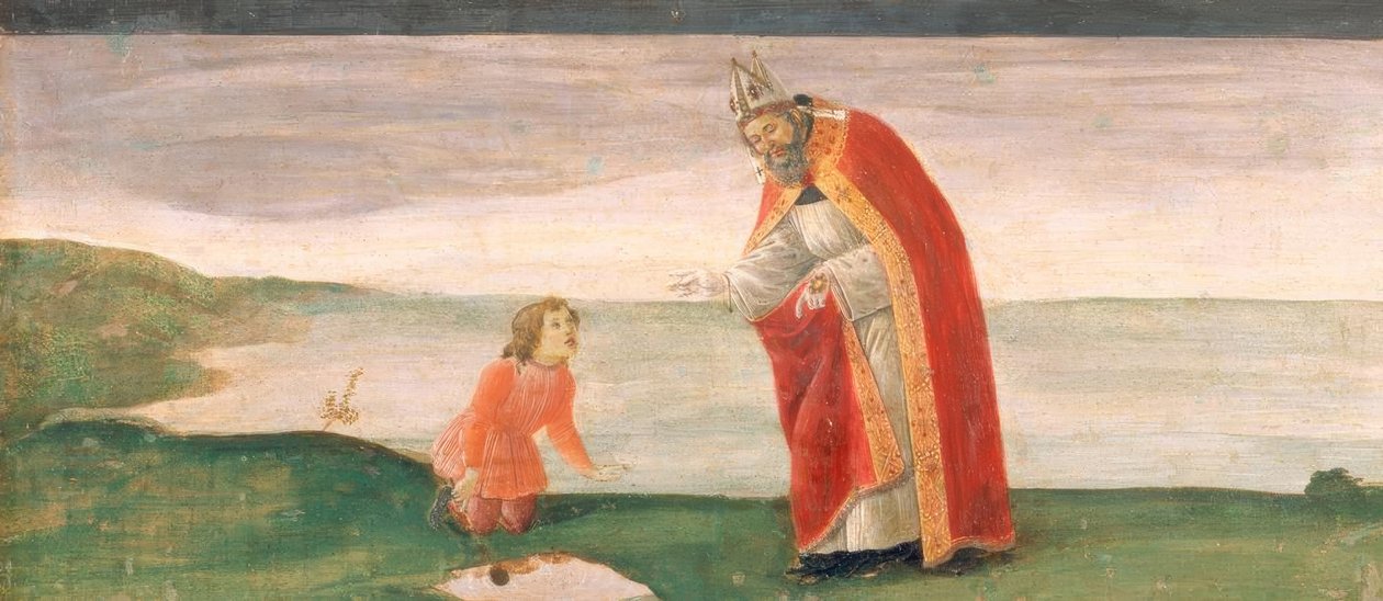 セントオーガスティンと海のビーチで少年 作： Sandro Botticelli