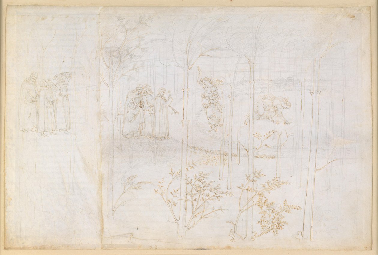 『神曲』、煉獄篇第28歌。地上の楽園：レテ川のほとりに立つダンテとマテルダ 作： Sandro Botticelli