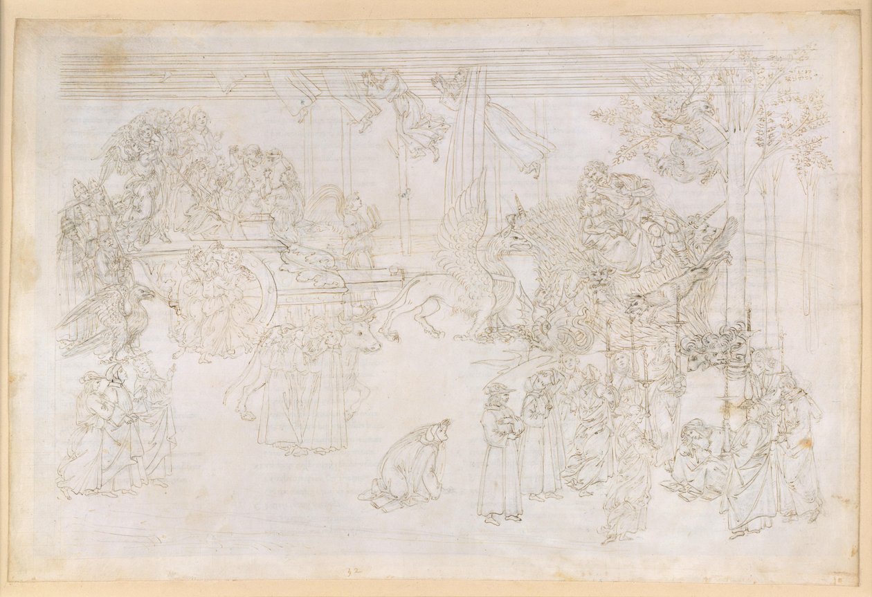 『神曲』、煉獄篇第32歌。地上の楽園：知恵の木と教会の歴史的運命 作： Sandro Botticelli
