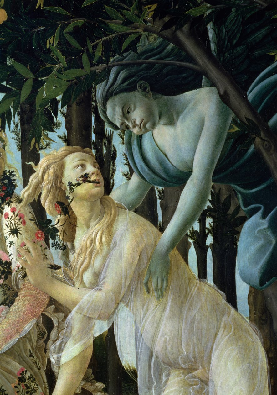 Primavera：パネルのZephyrおよびFlora temperaの詳細 作： Sandro Botticelli