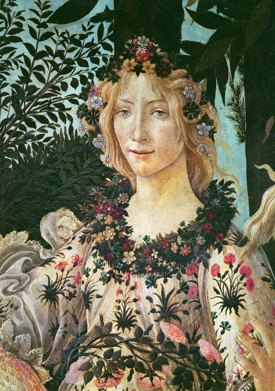 Primavera、春の時間としてのフローラの詳細、パネル上の1478テンペラ 作： Sandro Botticelli