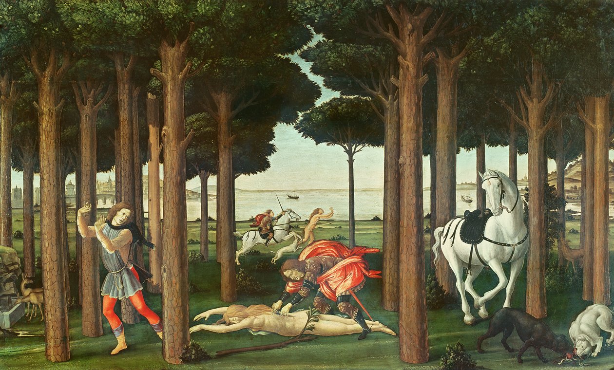 追求される女性の解体：ナスタジオデグリオネスティの物語のシーンII、c.1483（パネル上のテンペラ） 作： Sandro Botticelli
