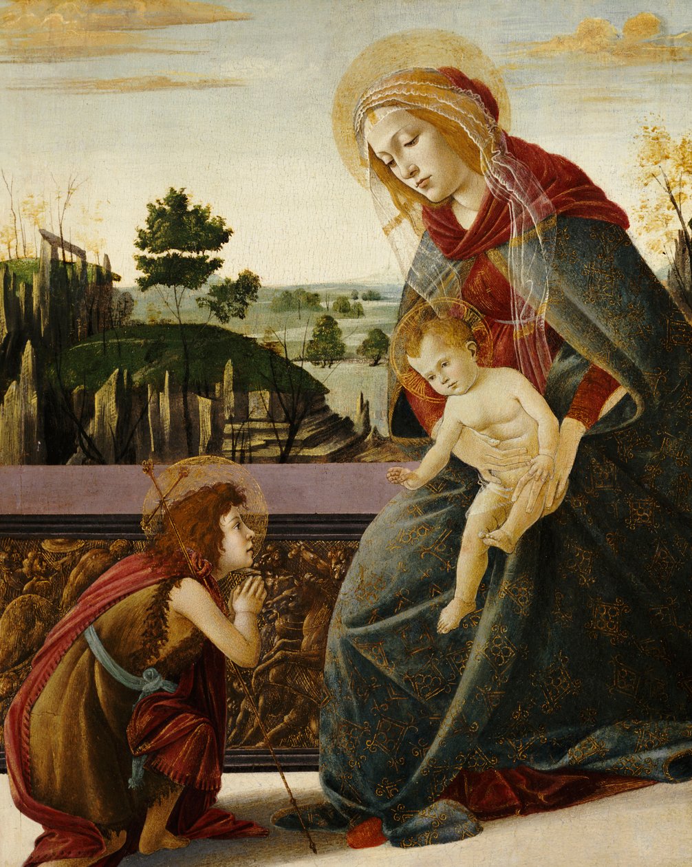 風景の中の洗礼者聖ヨハネとマドンナと子供 作： Sandro Botticelli