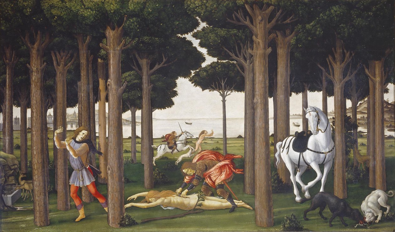 ナスタージョ・デッリ・ホネスティの物語、2コマ目 作： Sandro Botticelli