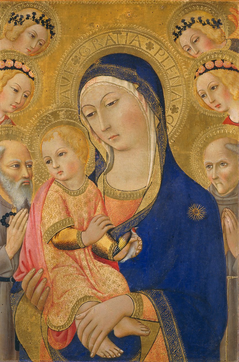 聖ジェローム、聖バーナーディーノ、天使とマドンナと子、c.1460-70（パネル上のテンペラ） 作： サノ・ディ・ピエトロ