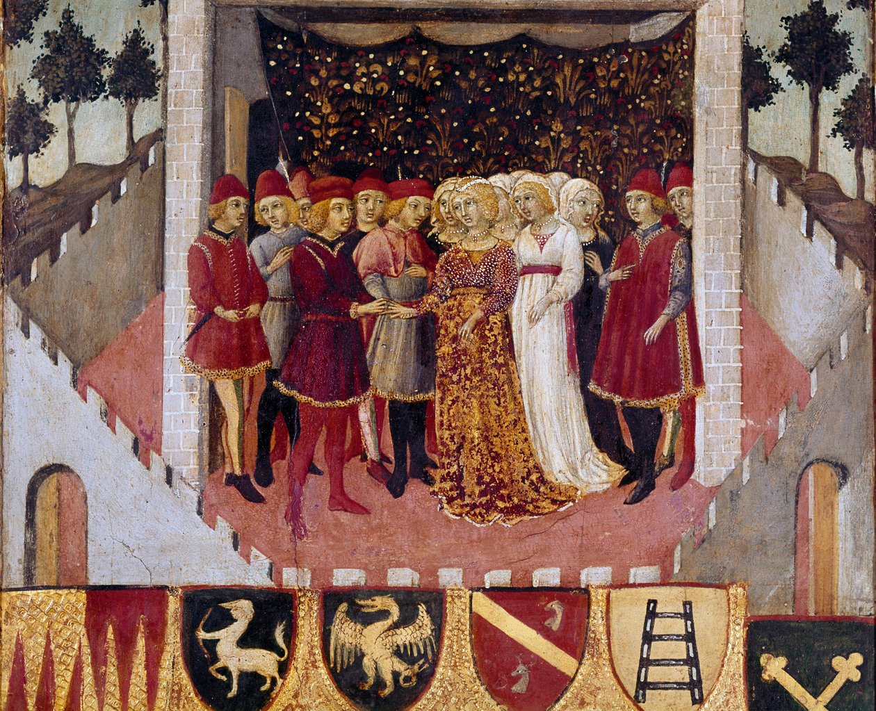 シエナ市の貴族のカップルの結婚式 1473年にビッシェルナ（シエナ市の会計簿の表紙）を飾るサノ・ディ・ピエトロ（1406-1481）の絵。イタリア、シエナ市スタト公文書館 作： サノディピエトロディメンシオピエトロ