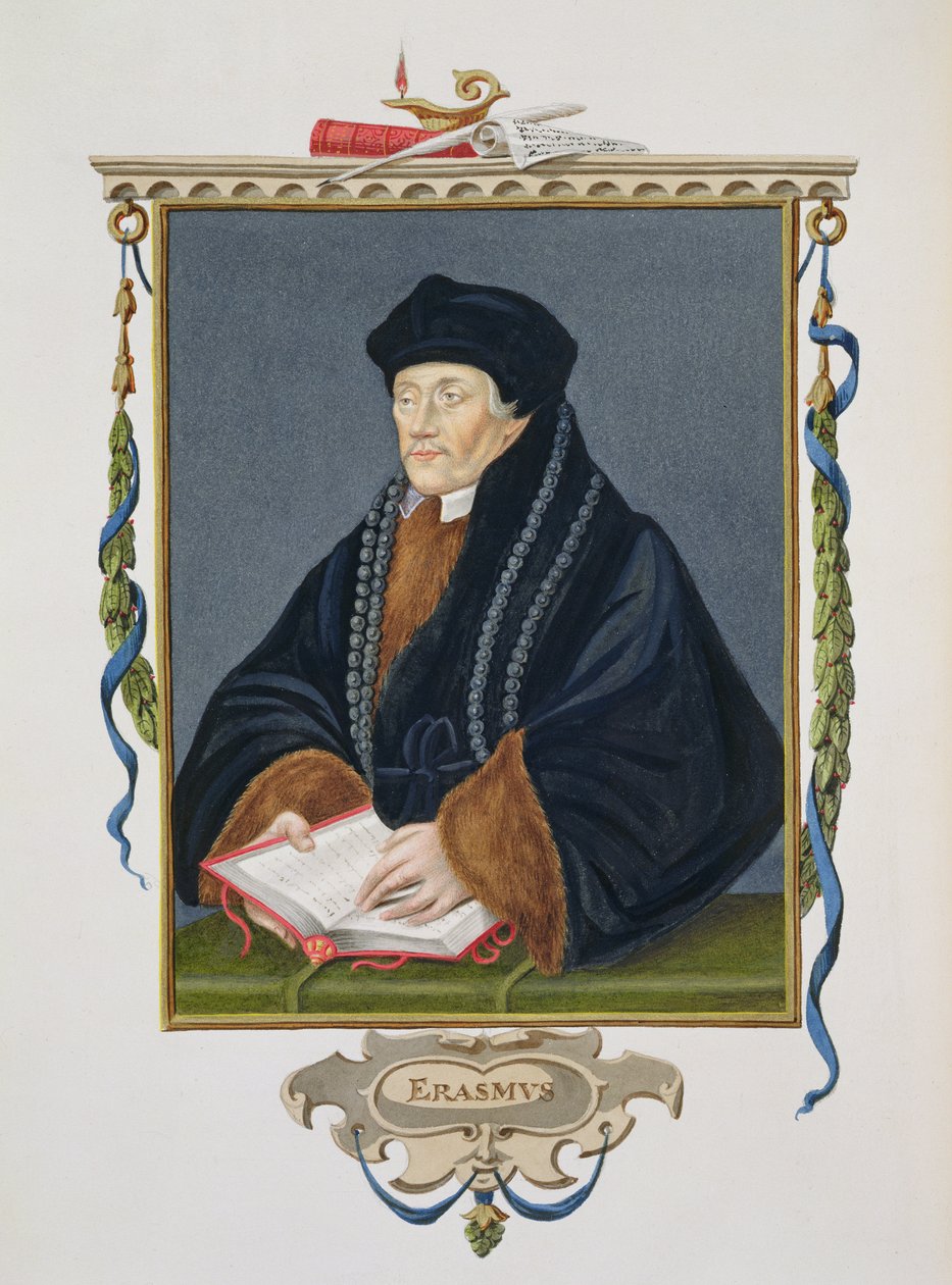 1825年に出版された「エリザベス女王の回顧録」からのエラスムスの肖像（c.1466-1536）（WCとガッシュ紙） 作： エセックスのサラ伯爵夫人