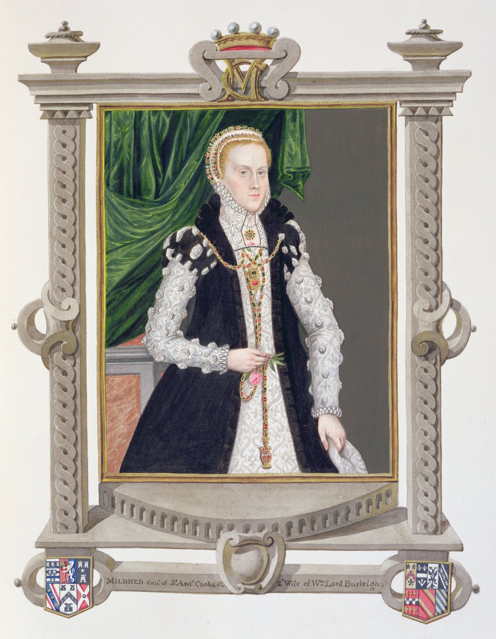 1825年に出版された「エリザベス女王の裁判所の回想録」からのミルドレッドクック、レディバーグリーの肖像（WCとガッシュ紙） 作： エセックスのサラ伯爵夫人