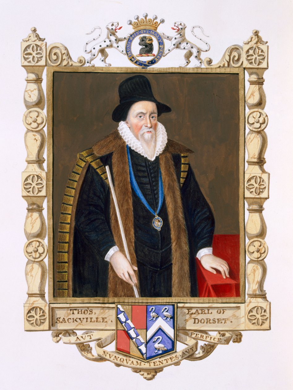 1825年に出版されたジョンデクリッツ長老（c.1552-1642）による肖像画の後の「エリザベス女王の回顧録」からのトーマスサックビル（1536-1608）の最初の男爵バックハーストの肖像（wc and goua 作： エセックスのサラ伯爵夫人