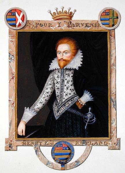 ヘンリー・マナーズ（1563年没）第2代ラトランド伯爵の肖像（1825年に出版された「エリザベス女王の宮廷の回顧録」より）（紙に水彩、ガッシュ 作： エセックスのサラ伯爵夫人