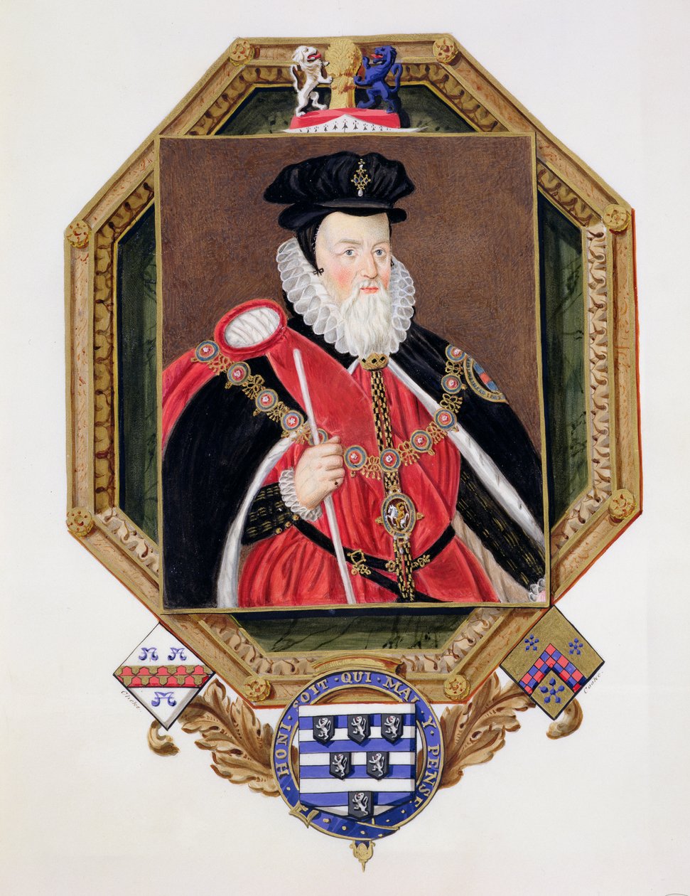 1825年に出版されたMarcus Gheeraerts the Younger（c.1561-1635）の写真（wc and gouache o）の後の、エリザベス女王の裁判所の回想録からのウィリアムセシル（1520-98）の最初の男爵バーリー 作： エセックスのサラ伯爵夫人