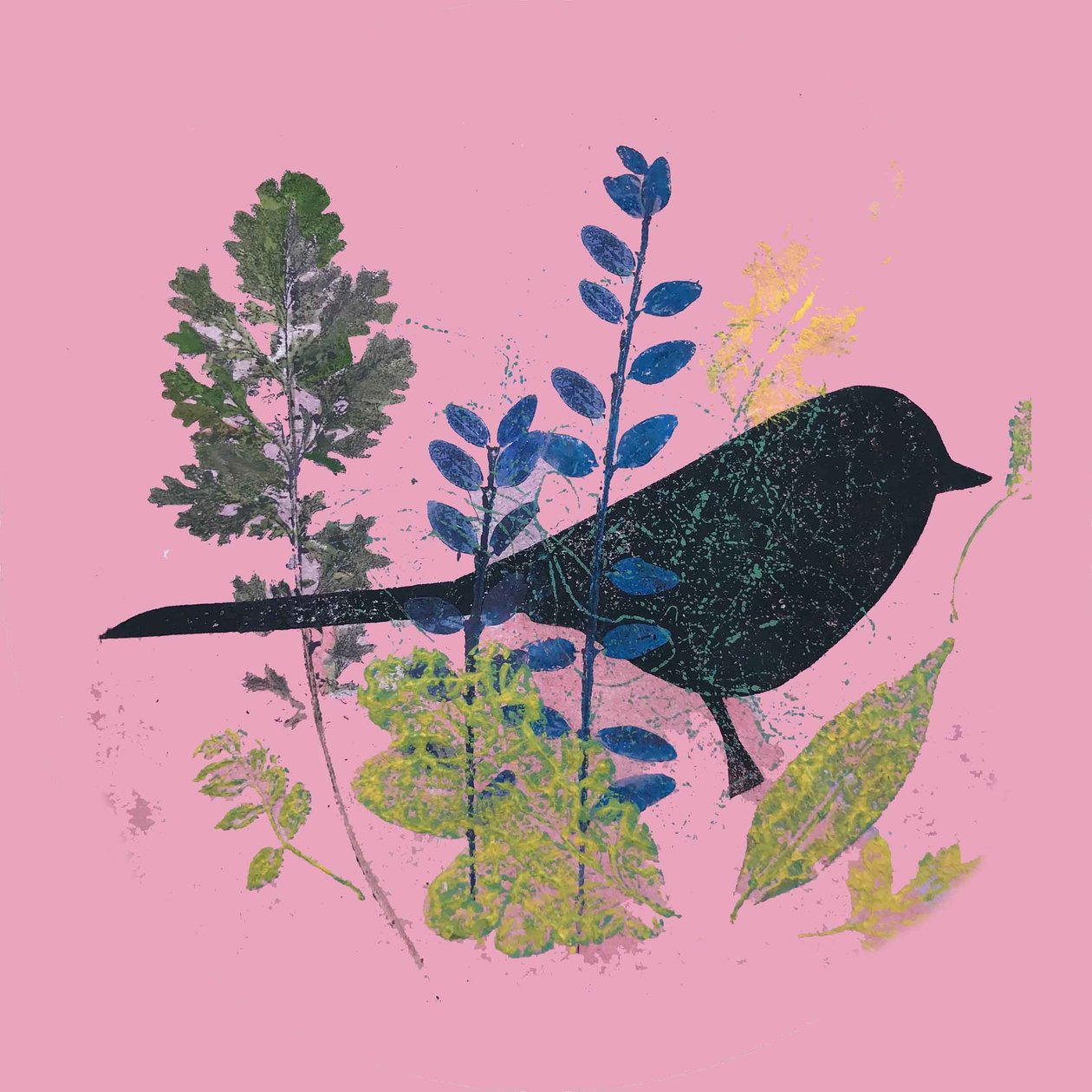 鳥と葉っぱ,2019（インクモノプリント 作： サラ・トンプソン-エンゲルス