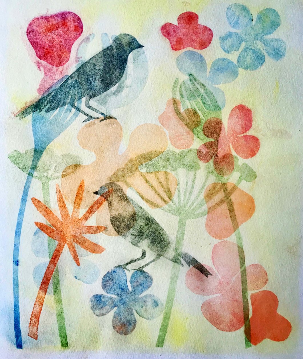 二羽の鳥と花,2019（インクモノプリント 作： サラ・トンプソン-エンゲルス