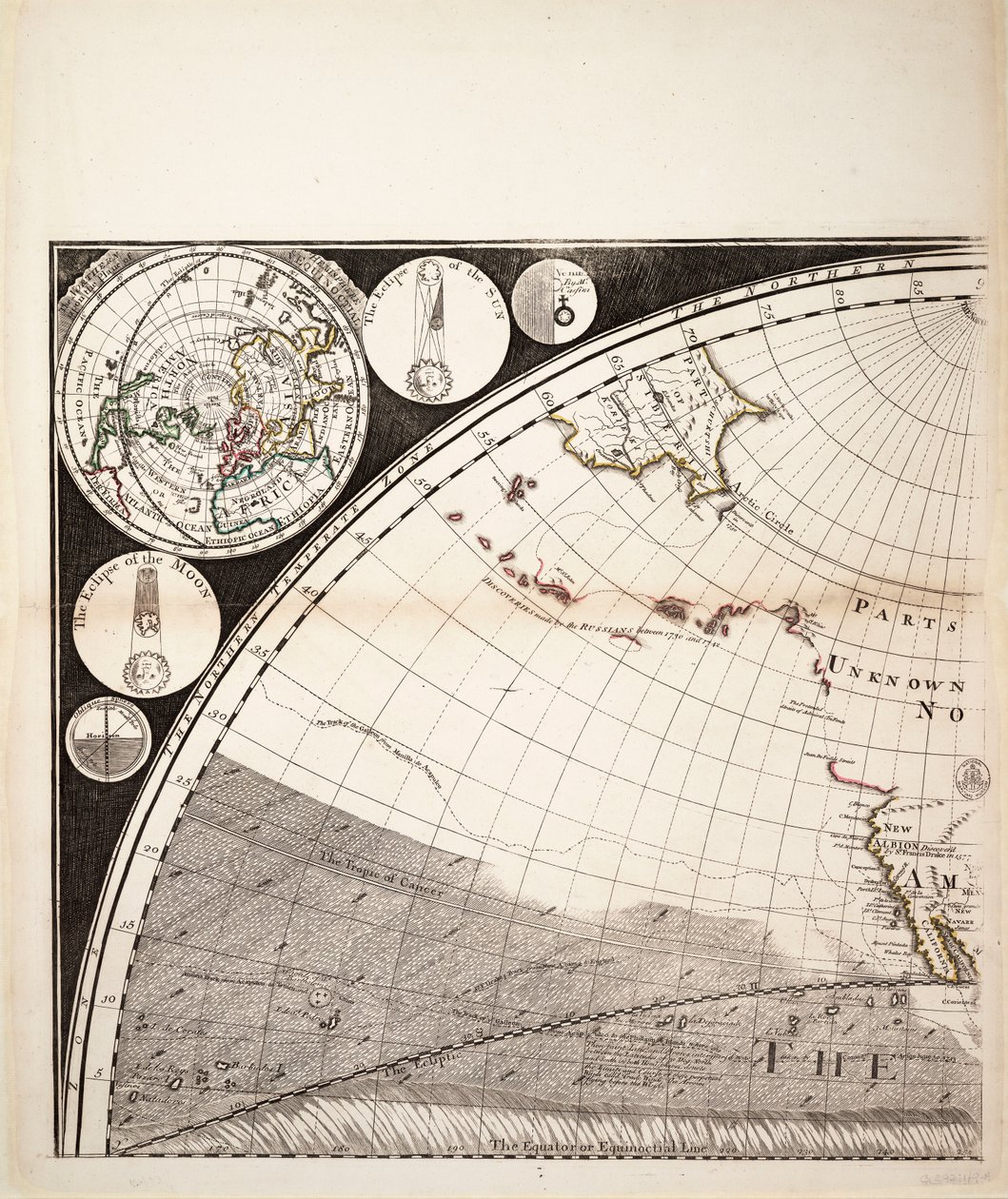 新しい正しい世界地図（断面）、1774年頃（カラー版画） 作： セイヤー＆ベネット