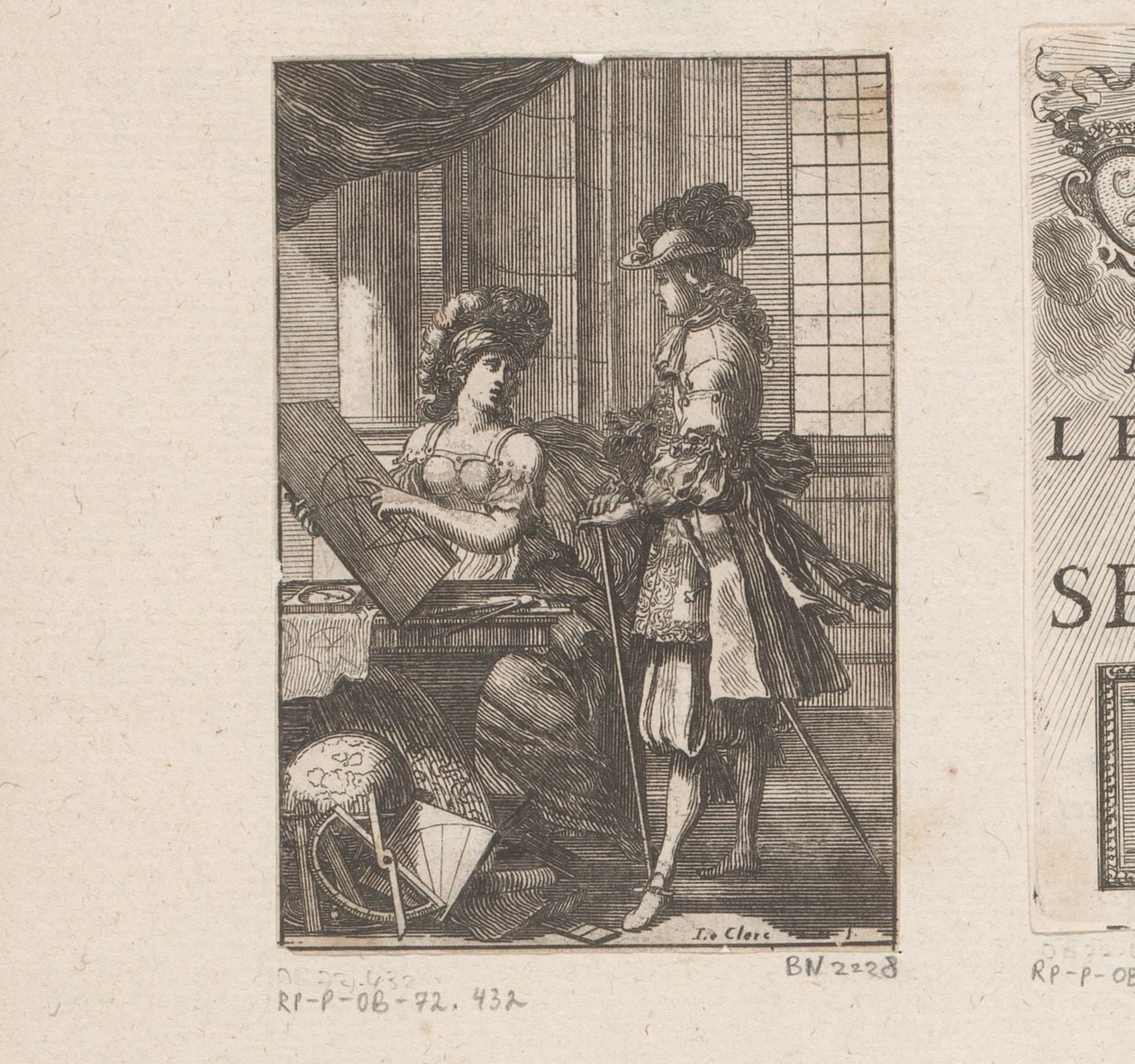 ゲオメトリアと幾何学的な図面を持つ若い男 タイトルページ: Pratique de la géometrie, sur le papier et sur le Terrain (...), 1669 作： セバスチャン・ルクレール（I）