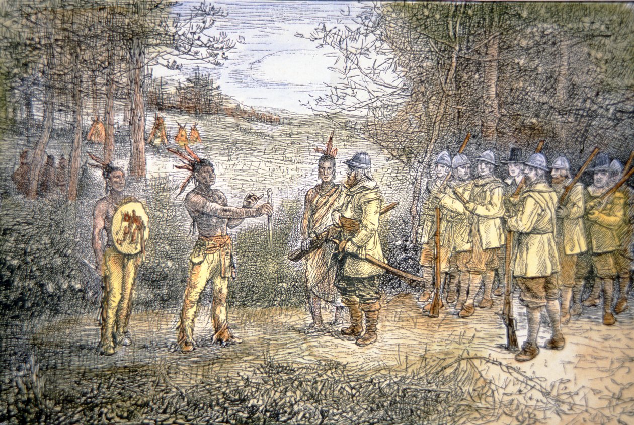 1621年、ワンパノアグ・インディアンと取引するキャプテン・マイルス・スタンディッシュ（カラーリトグラフ 作： アメリカ人学校