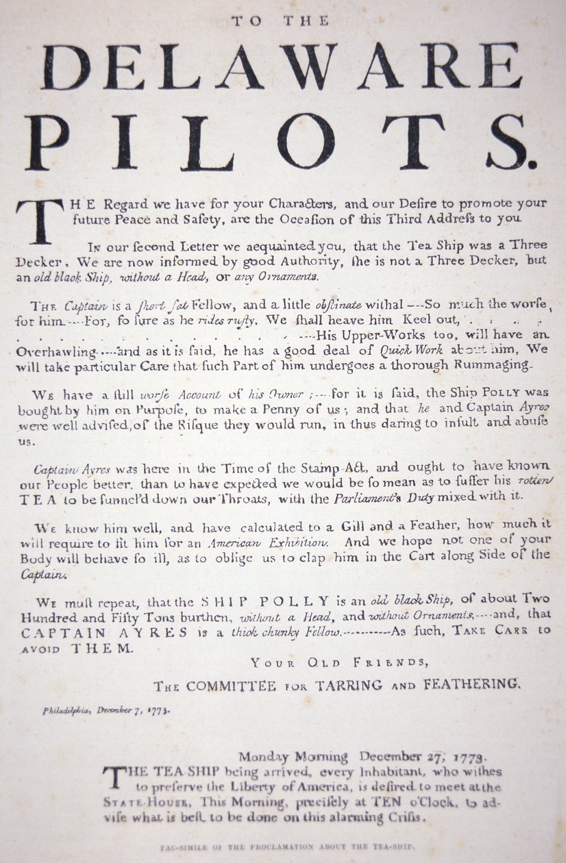 1773年12月7日、フィラデルフィアの愛国者たちがデラウェアの水先人たちにイギリスの茶船を相手にしないよう警告した布告のFacsmile(リトグラフ) 作： アメリカ人学校
