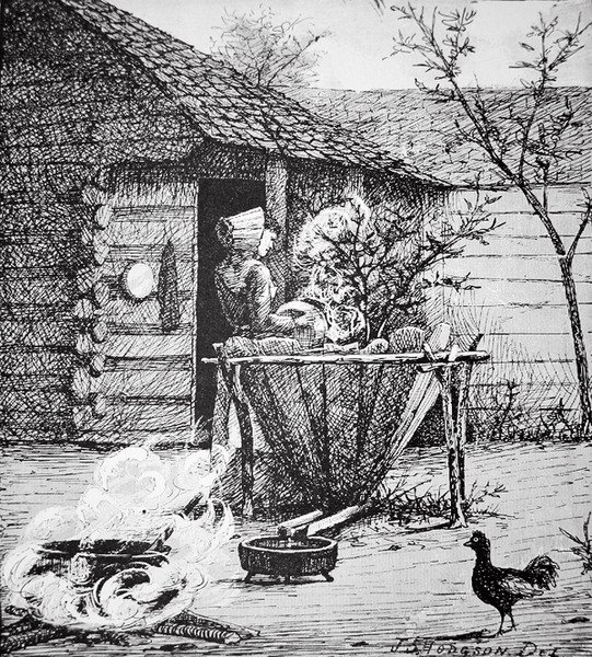 農場風景-洗い桶に向かう女性（J. S. Hodgsonのイラストによる）（リトグラフ 作： アメリカ人学校