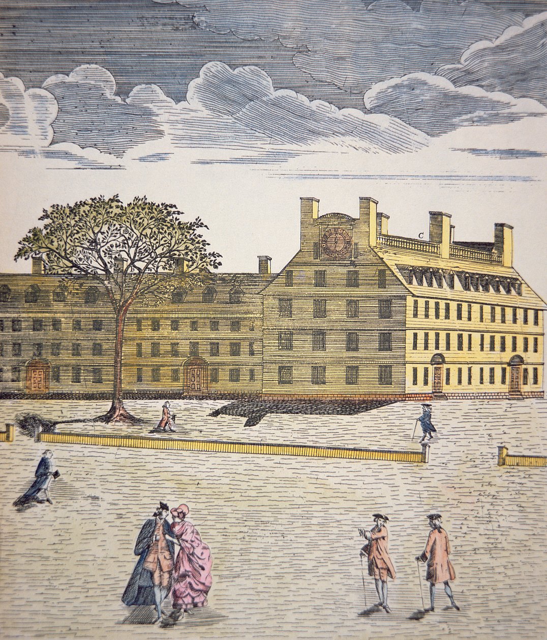 ハーバード・カレッジ（マサチューセッツ州ケンブリッジ）1740年頃（カラーリトグラフ 作： アメリカ人学校
